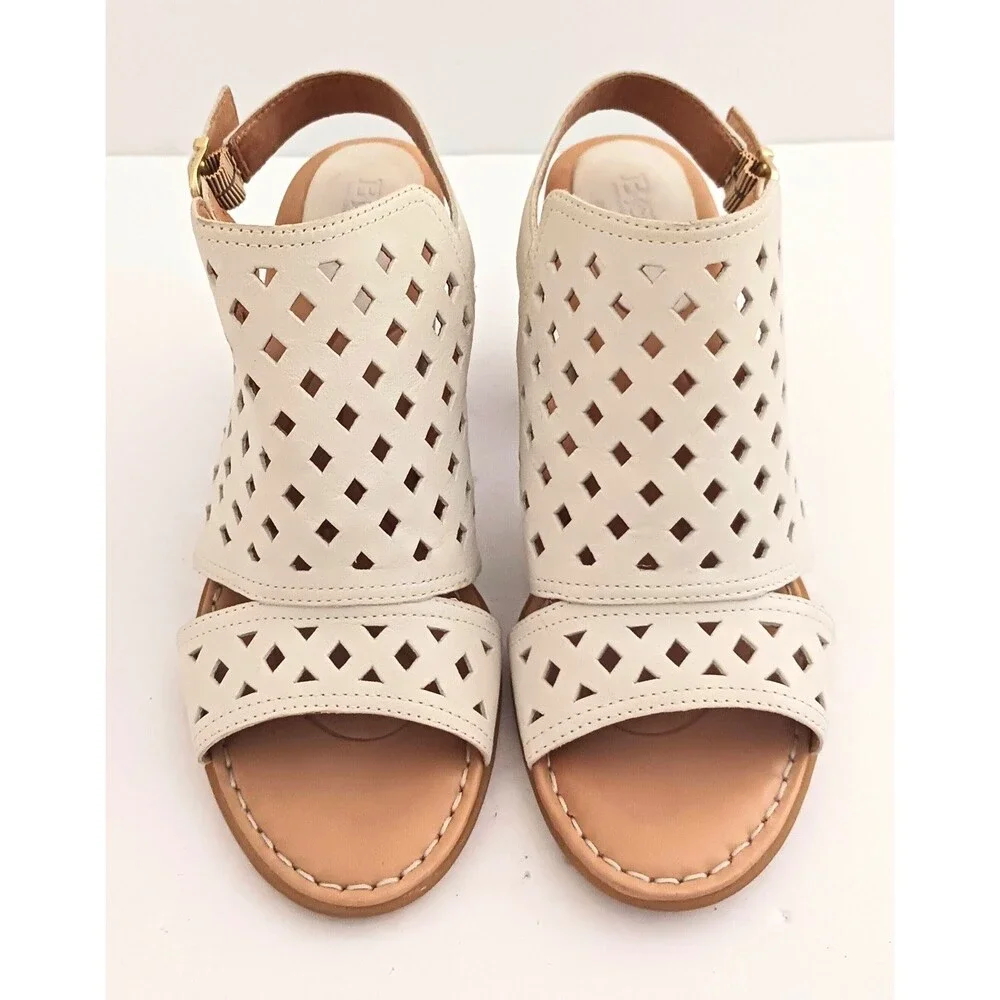 NEW Born Havana Slingback Block Heel Sandal Ivory Laser Cut Leather 8M